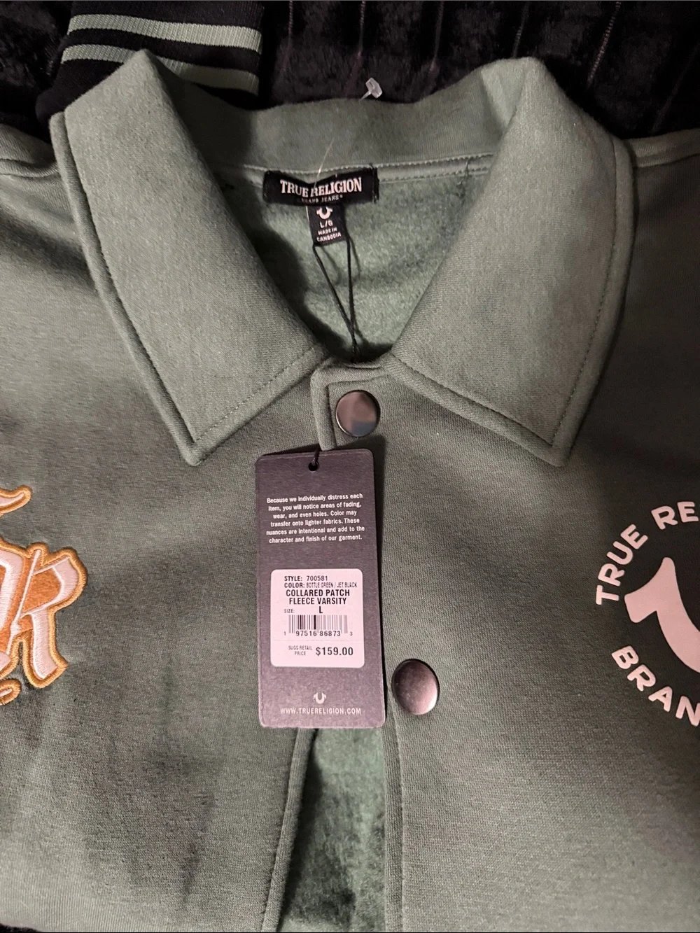 True Religion Green and Black Bomber Varsity Jacket with Gold Patch